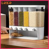 Lekesky - Wall-Mounted 5-Grain Dry Food Dispenser - 25 lbs Capacity, Space-Saving Kitchen Storage for Rice, Beans & Small Grains w/Measuring Cup